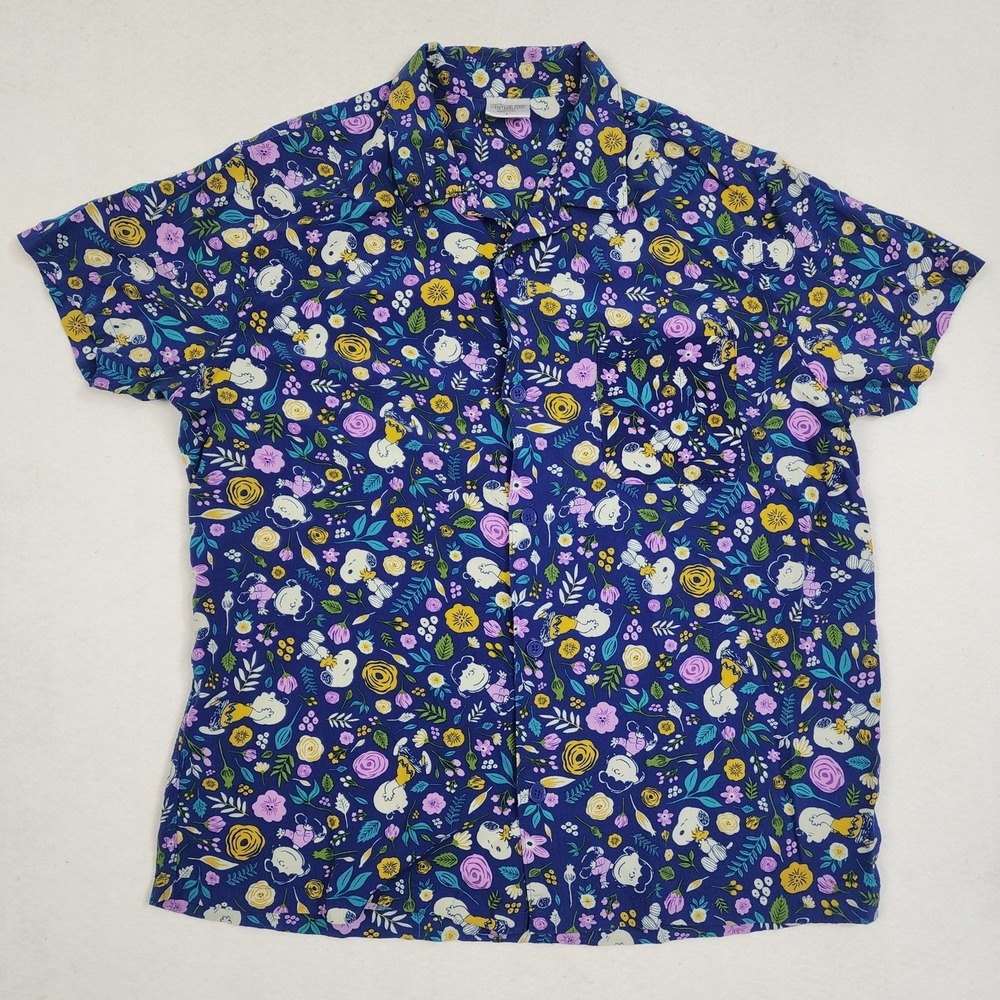Peanuts Snoopy Friends Shirt Mens Large Blue Floral Camp Collar Short Sleeve